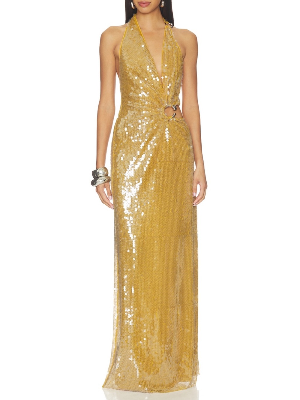 MISHA COLLECTION DEVON Gold Sequin Halter Maxi Gown with Ring Detail